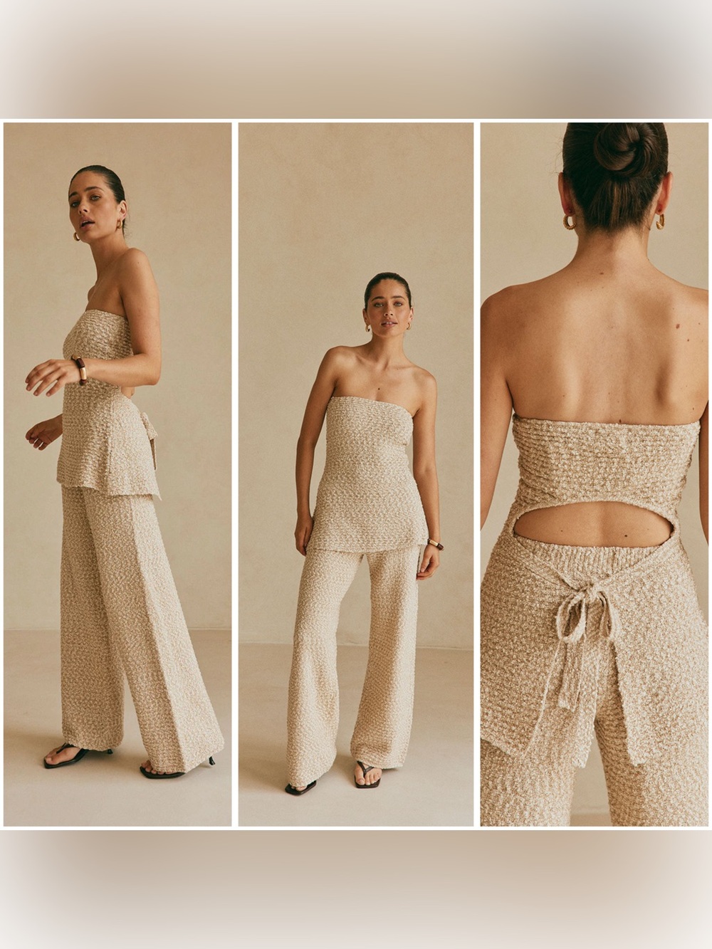 Sabo Set Women’s Beige Strapless Top Wide Leg Pants Coastal Resort Small Knit